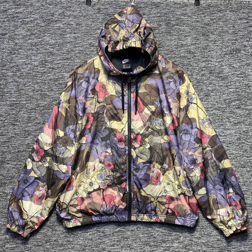 Nike Sportswear Femme Floral Windbreaker Jacket Women M Purple Gold Script Logo